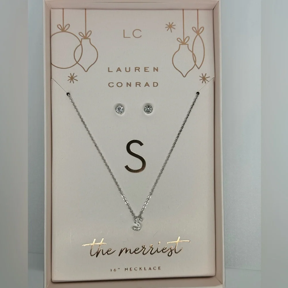 Box Set Silver Tone Crystal Initial “S” Pendant Necklace and Studs - Picture 4 of 5